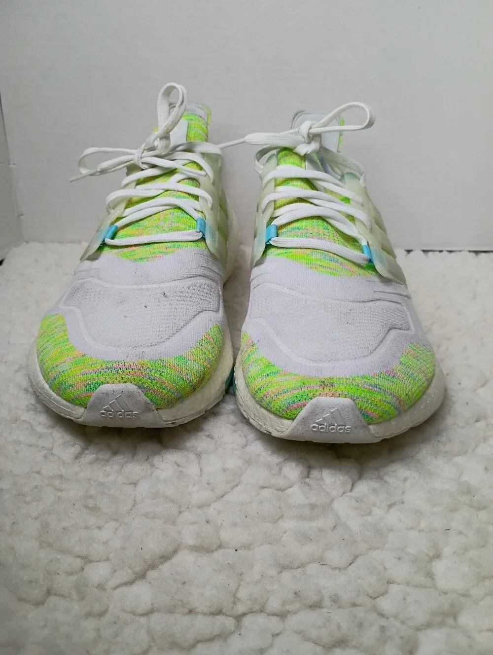 Adidas Ultraboost 22 Mens 14 White Solar Green Bliss Blue Running Shoes GX5913.
